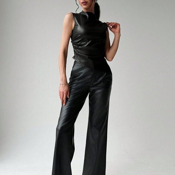 Black Sexy Women's Elegant Vintage Motorcycle Asymmetric Pleated Waist Vest - Picture 4 of 5